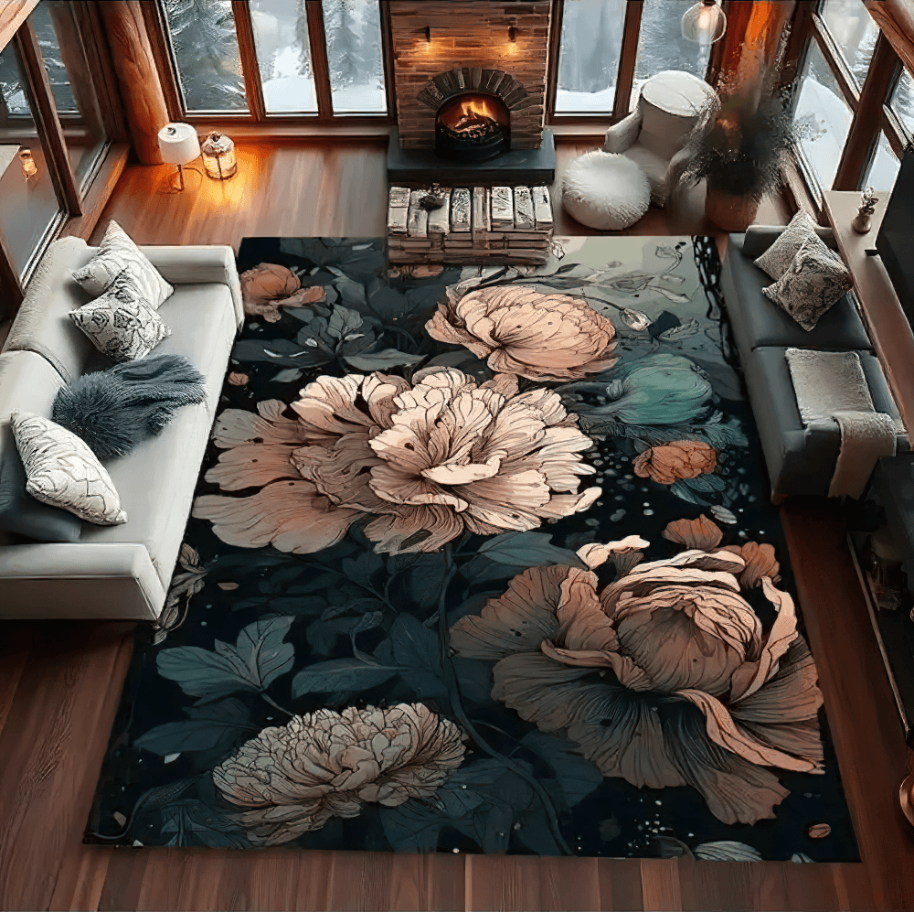 Dark Peony Floral Area Rug for Gothic Living Room