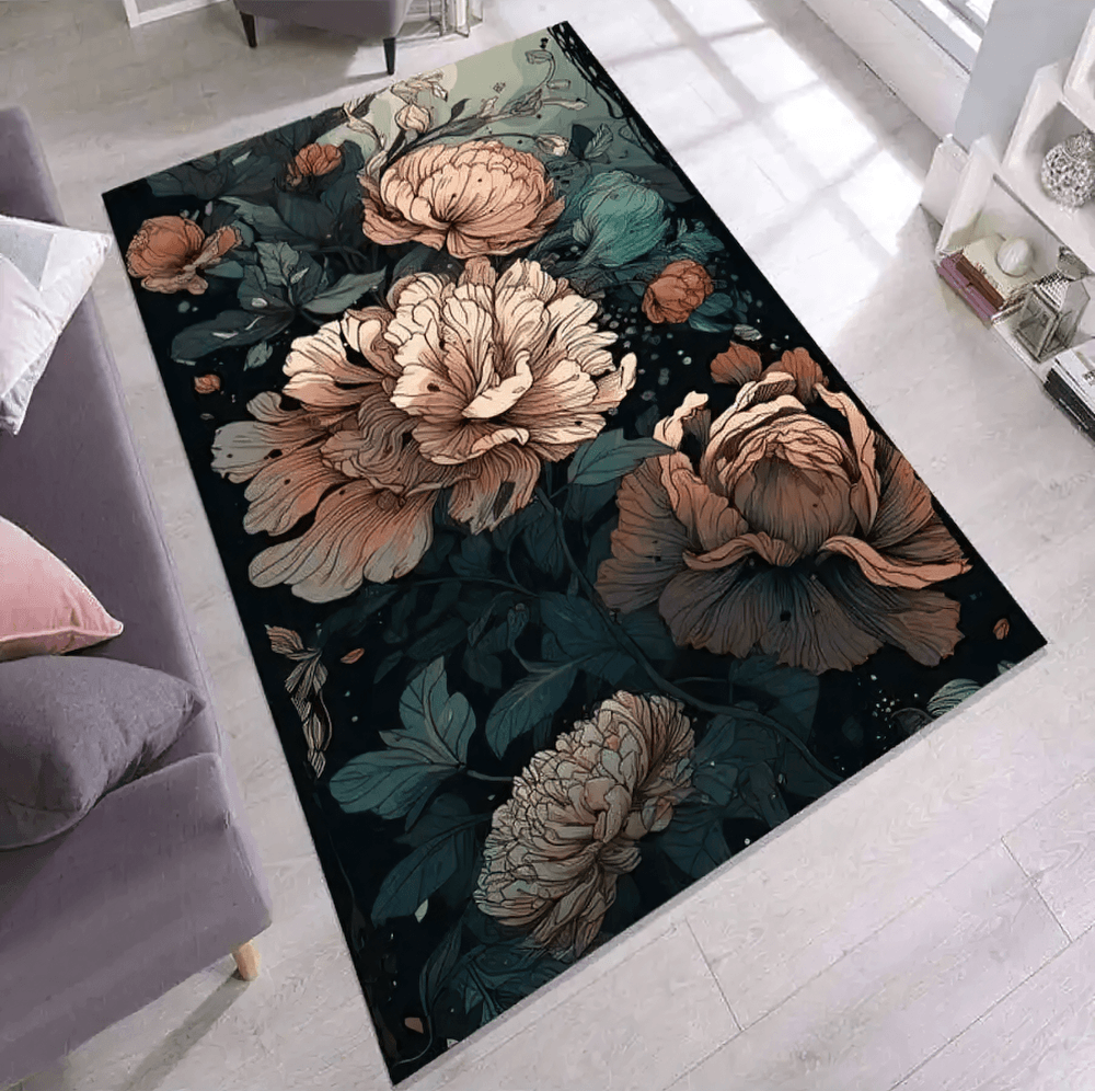 Dark Peony Floral Area Rug for Gothic Living Room