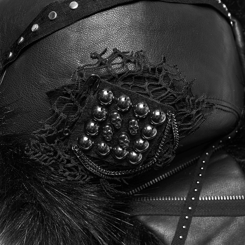 Dark Plush Punk Hat with Ear Protection and Metal Accents