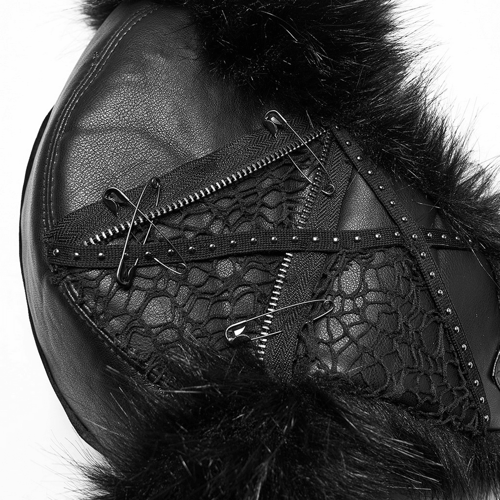 Dark Plush Punk Hat with Ear Protection and Metal Accents