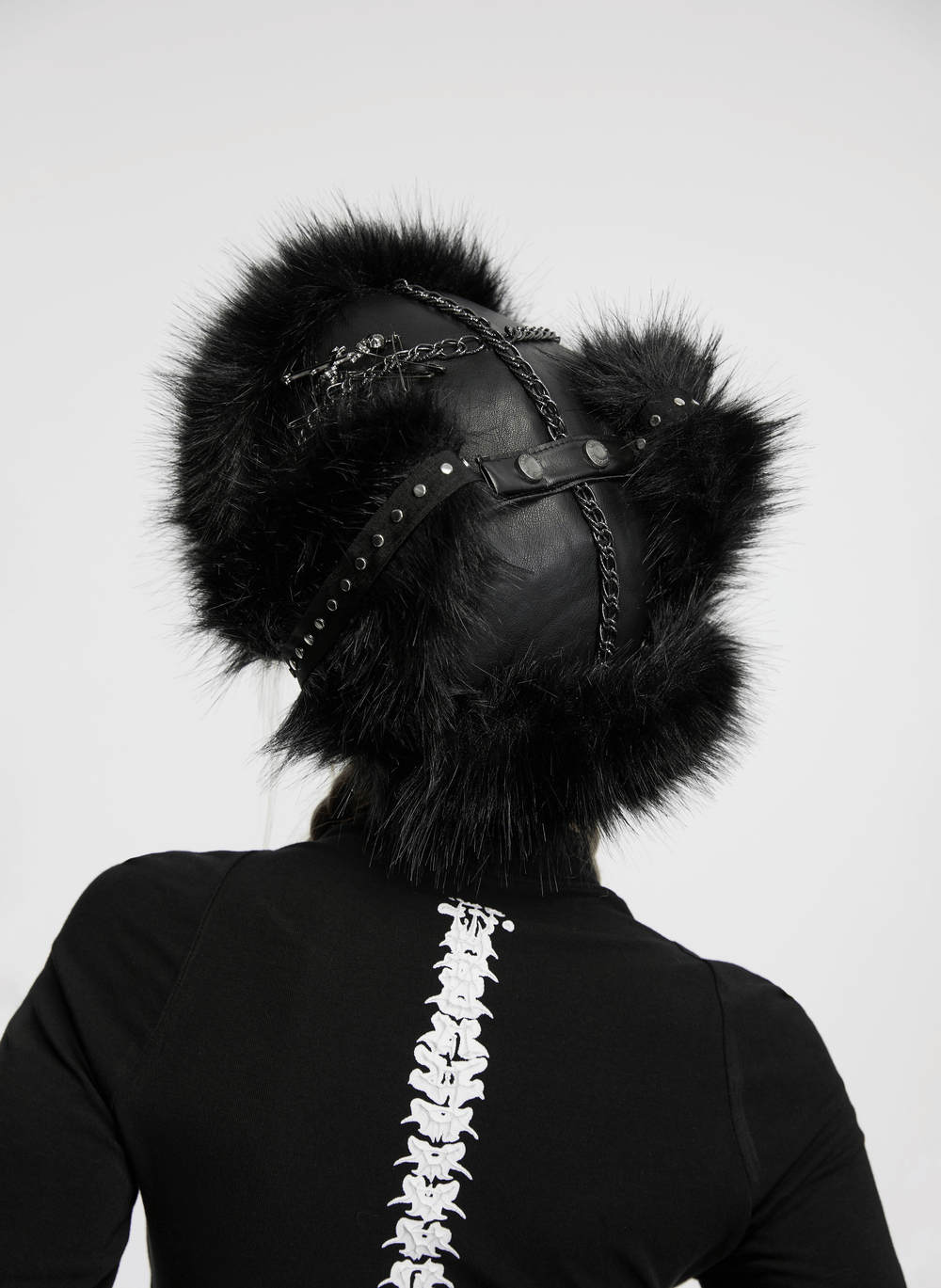 Dark Plush Punk Hat with Ear Protection and Metal Accents
