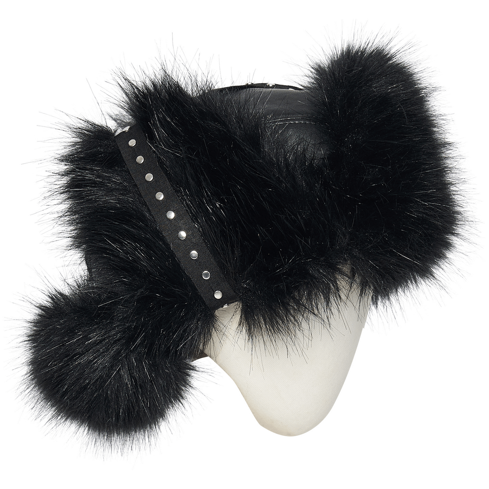 Dark Plush Punk Hat with Ear Protection and Metal Accents