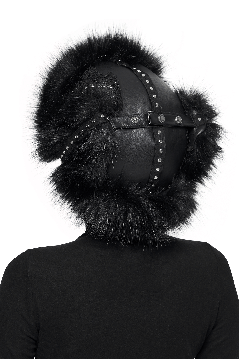 Dark Plush Punk Hat with Ear Protection and Metal Accents