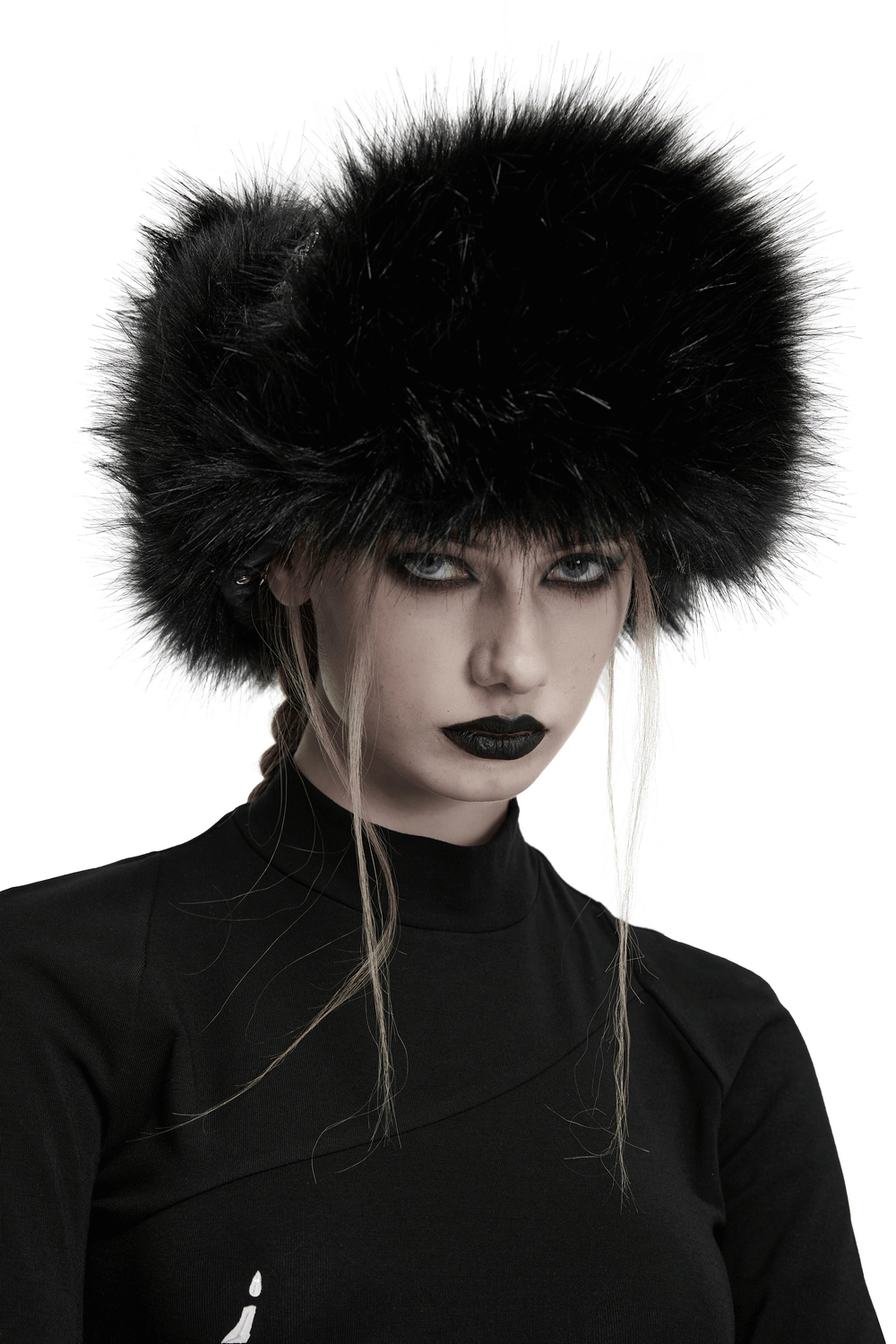 Dark Plush Punk Hat with Ear Protection and Metal Accents