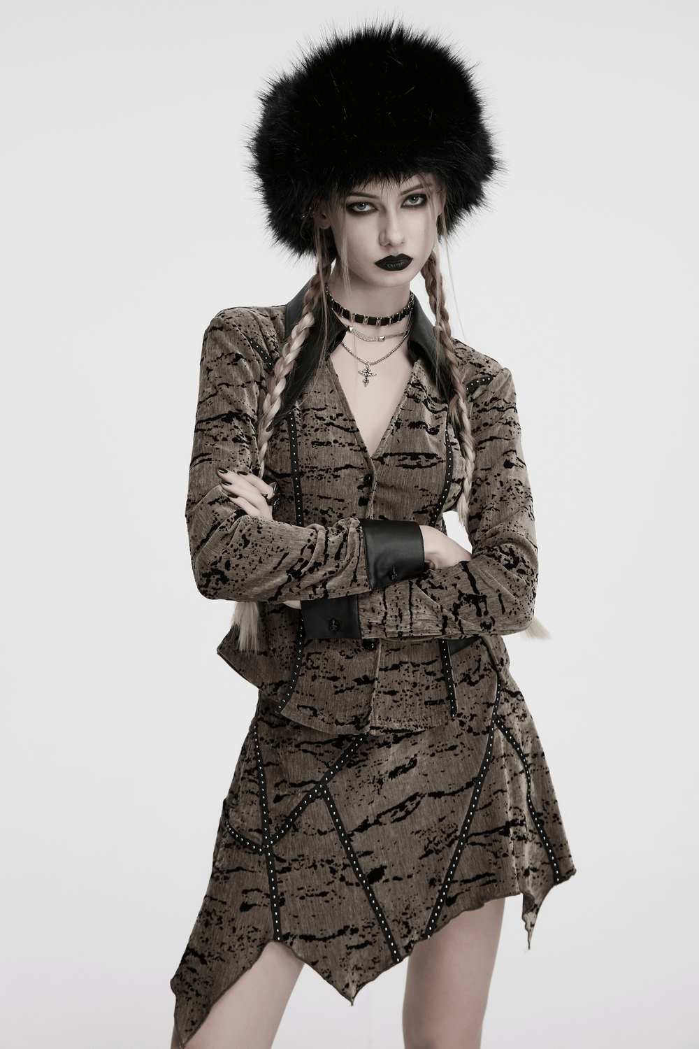 Dark Plush Punk Hat with Ear Protection and Metal Accents