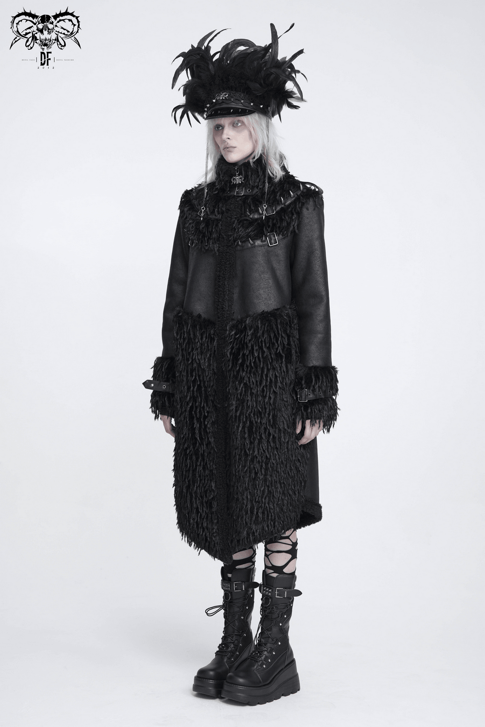 Dark Punk Overcoat with Spiked Shoulders and Pointed Hem