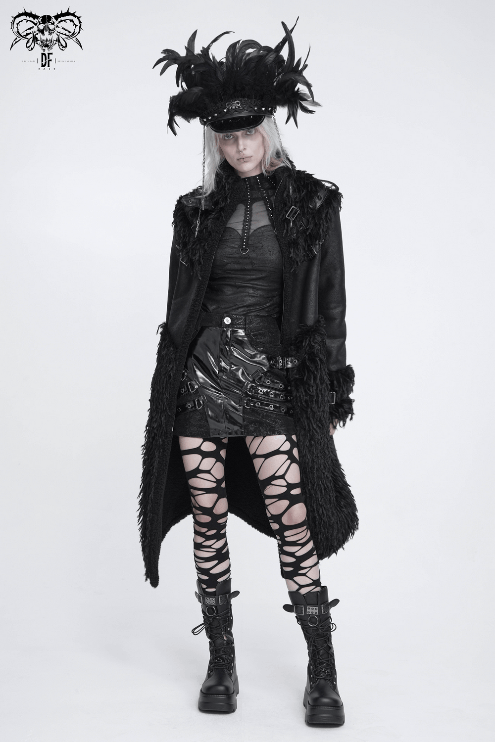Dark Punk Overcoat with Spiked Shoulders and Pointed Hem