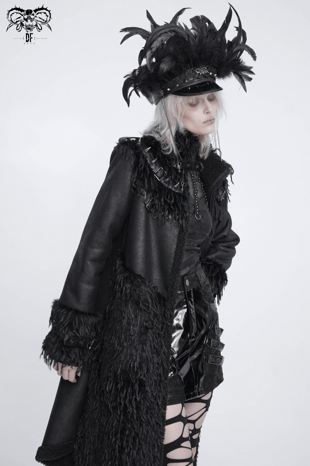 Dark Punk Overcoat with Spiked Shoulders and Pointed Hem
