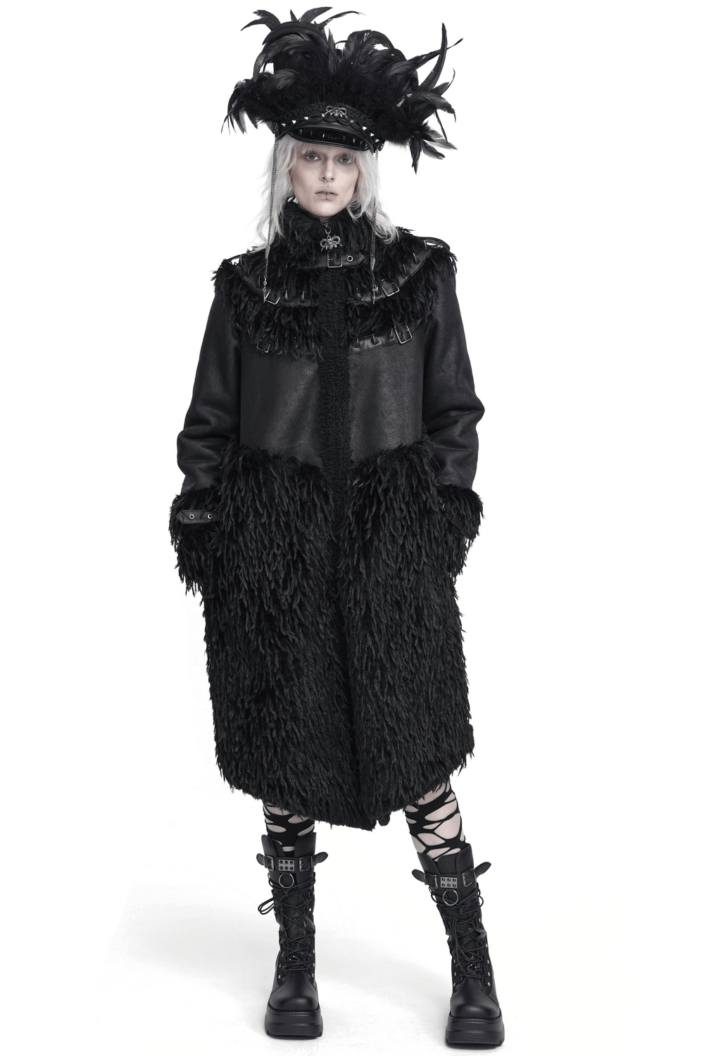 Dark Punk Overcoat with Spiked Shoulders and Pointed Hem
