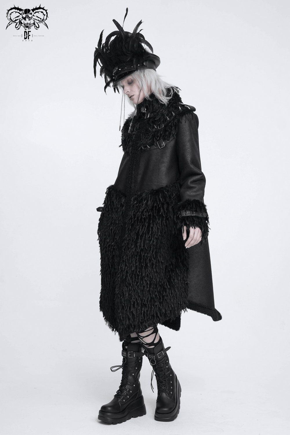 Dark Punk Overcoat with Spiked Shoulders and Pointed Hem