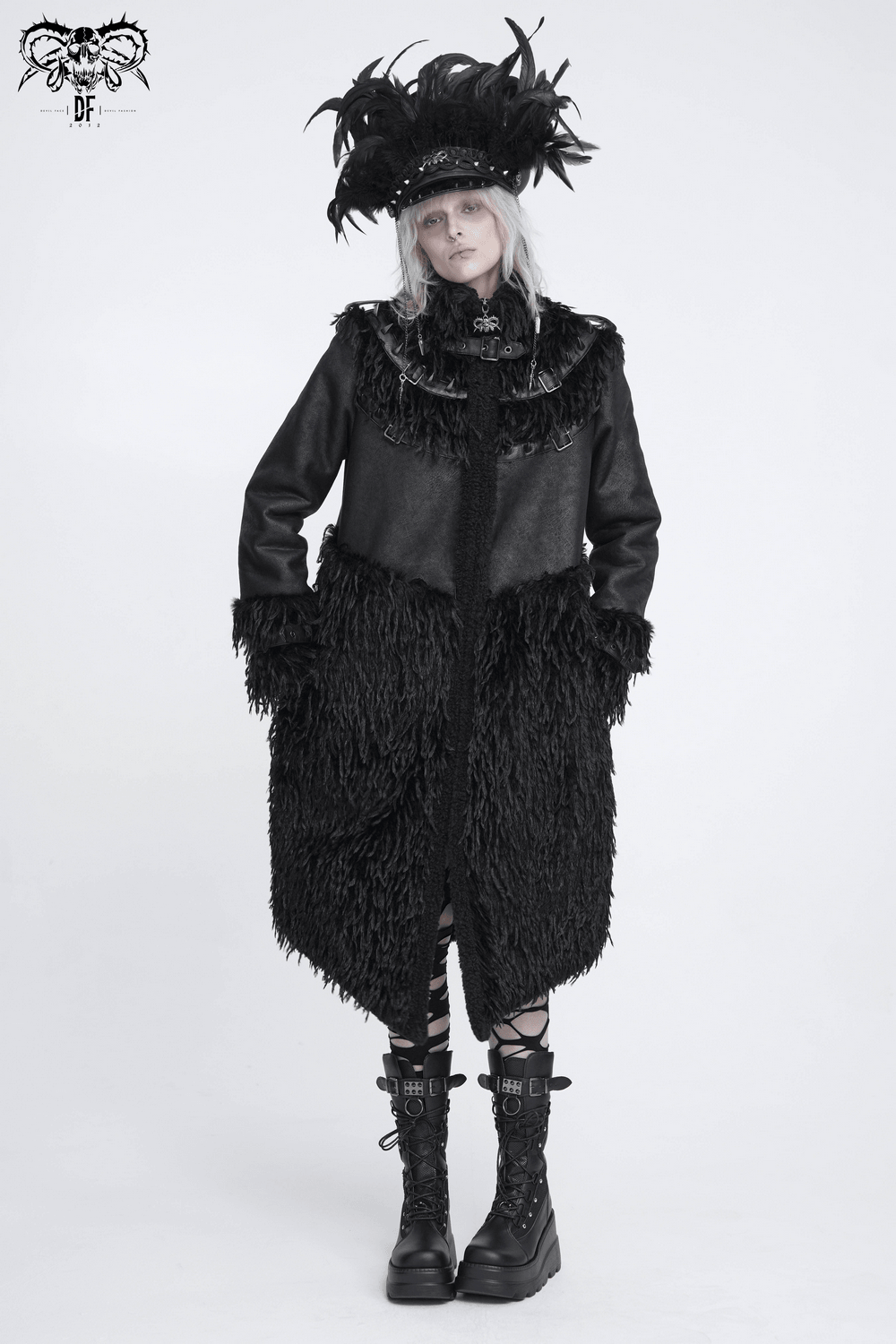 Dark Punk Overcoat with Spiked Shoulders and Pointed Hem