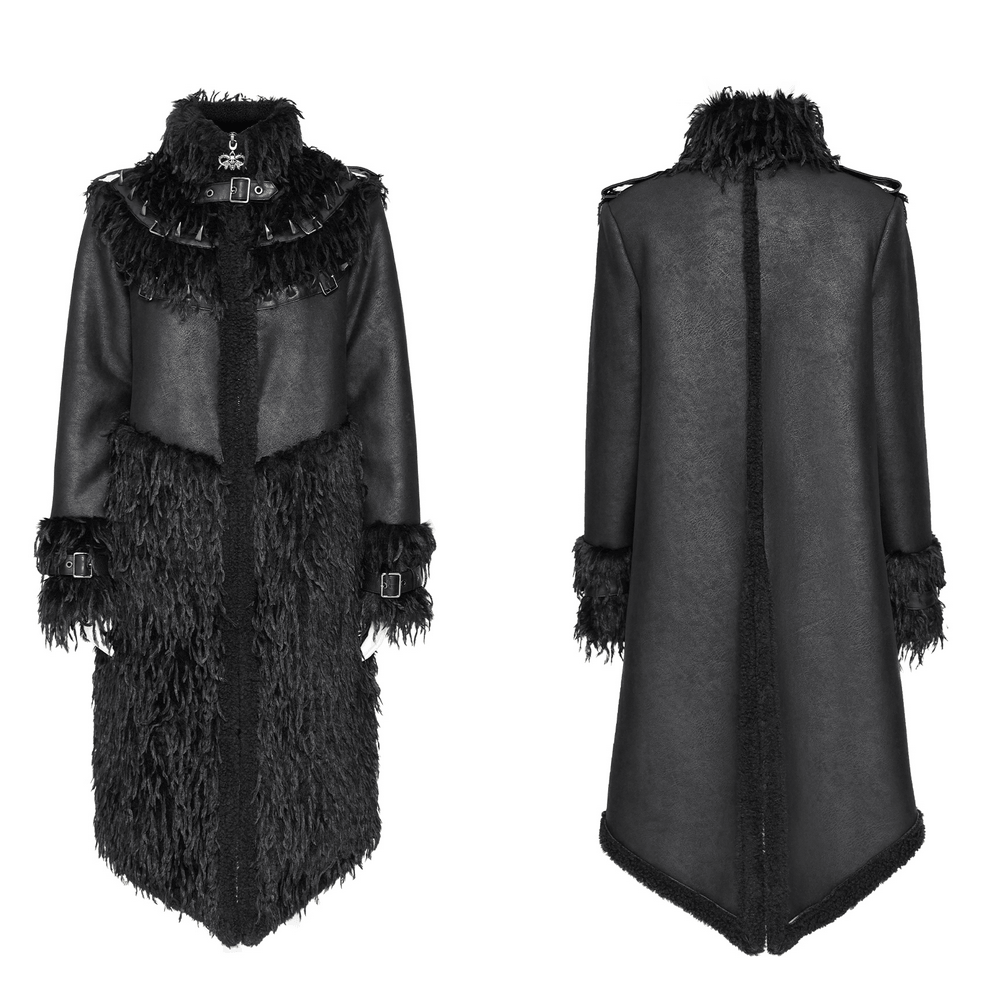 Dark Punk Overcoat with Spiked Shoulders and Pointed Hem
