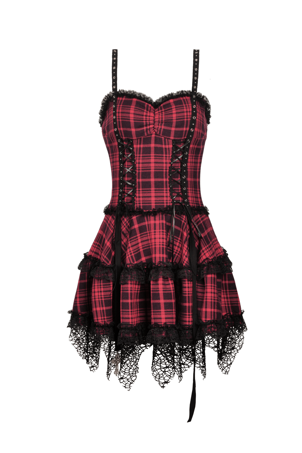 Dark Punk Studded Mini Dress with Black Lace - Goth Emo Grunge