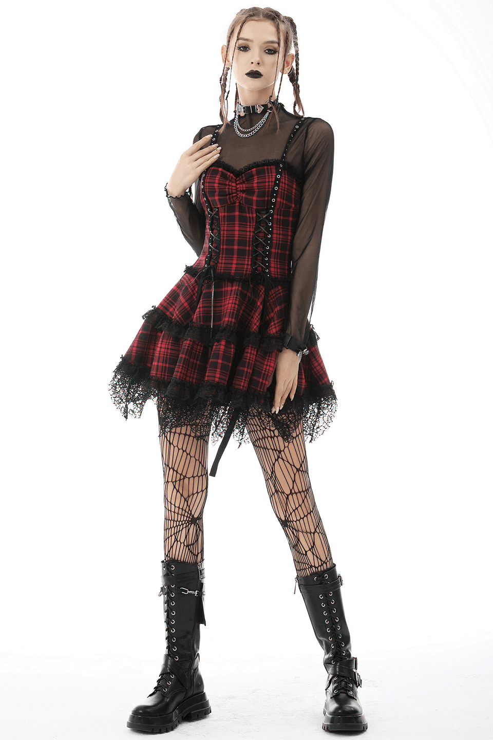 Dark Punk Studded Mini Dress with Black Lace - Goth Emo Grunge