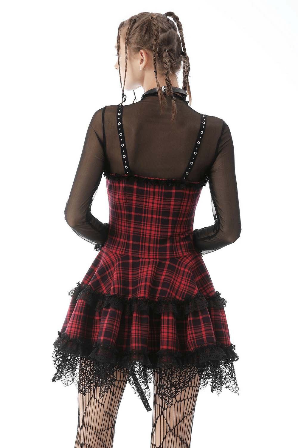 Dark Punk Studded Mini Dress with Black Lace - Goth Emo Grunge