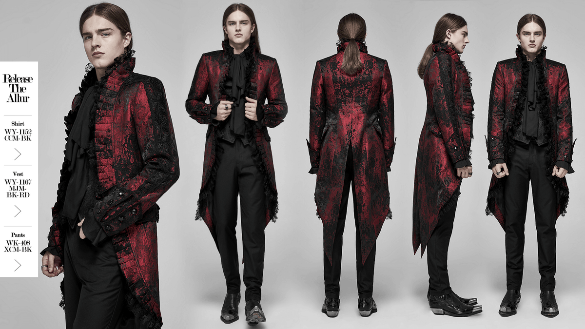 Dark Red Rococo Lace Tuxedo Coat with Ruffle Details