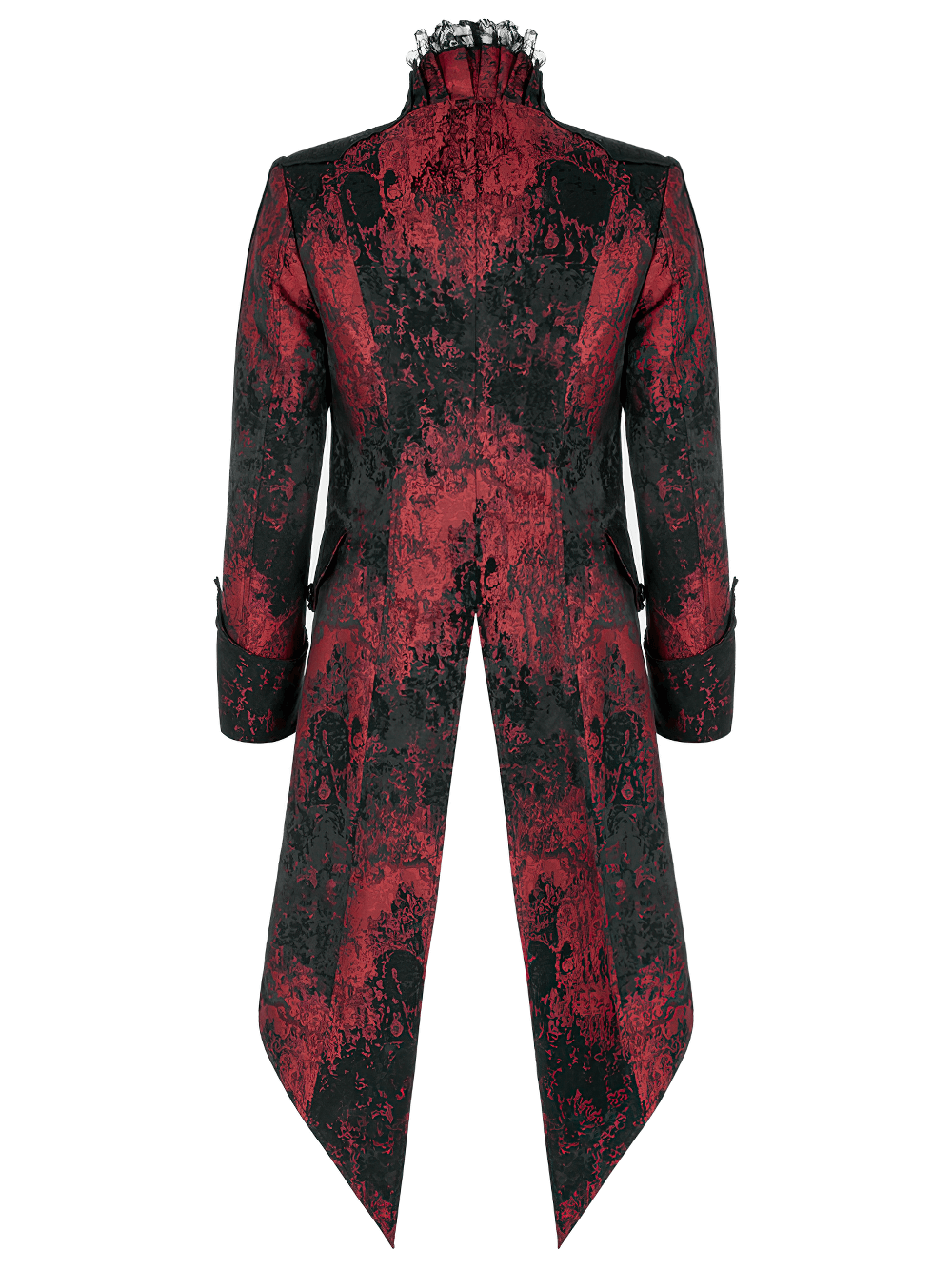 Dark Red Rococo Lace Tuxedo Coat with Ruffle Details