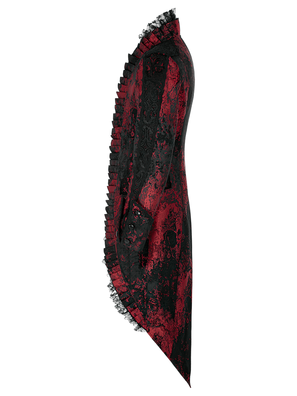 Dark Red Rococo Lace Tuxedo Coat with Ruffle Details