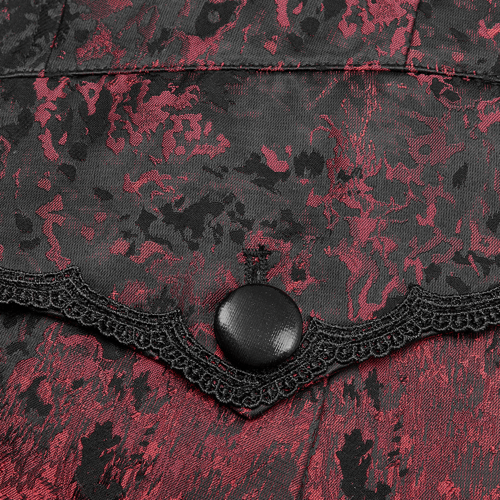 Dark Red Rococo Lace Tuxedo Coat with Ruffle Details