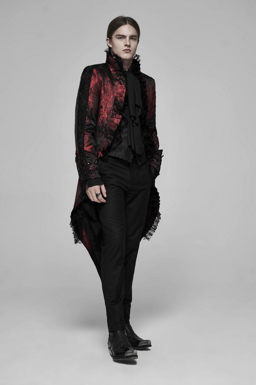 Dark Red Rococo Lace Tuxedo Coat with Ruffle Details