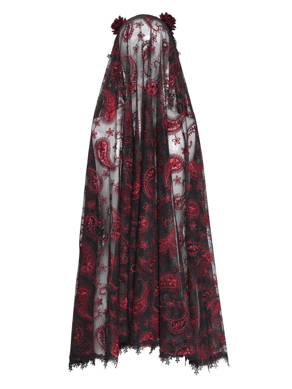 Dark Romantic Embroidered Veil with Skull Pendant and Roses