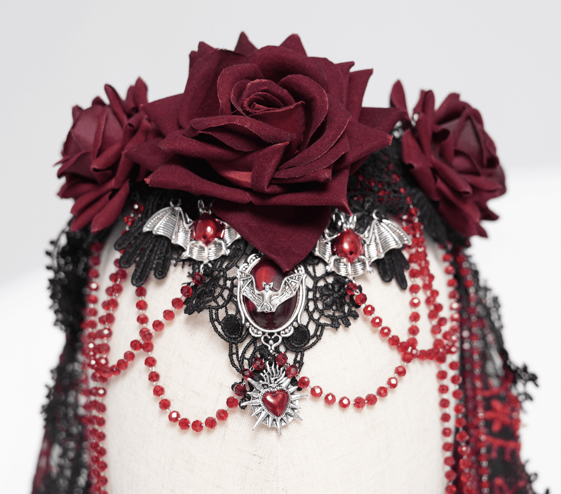 Dark Romantic Embroidered Veil with Skull Pendant and Roses
