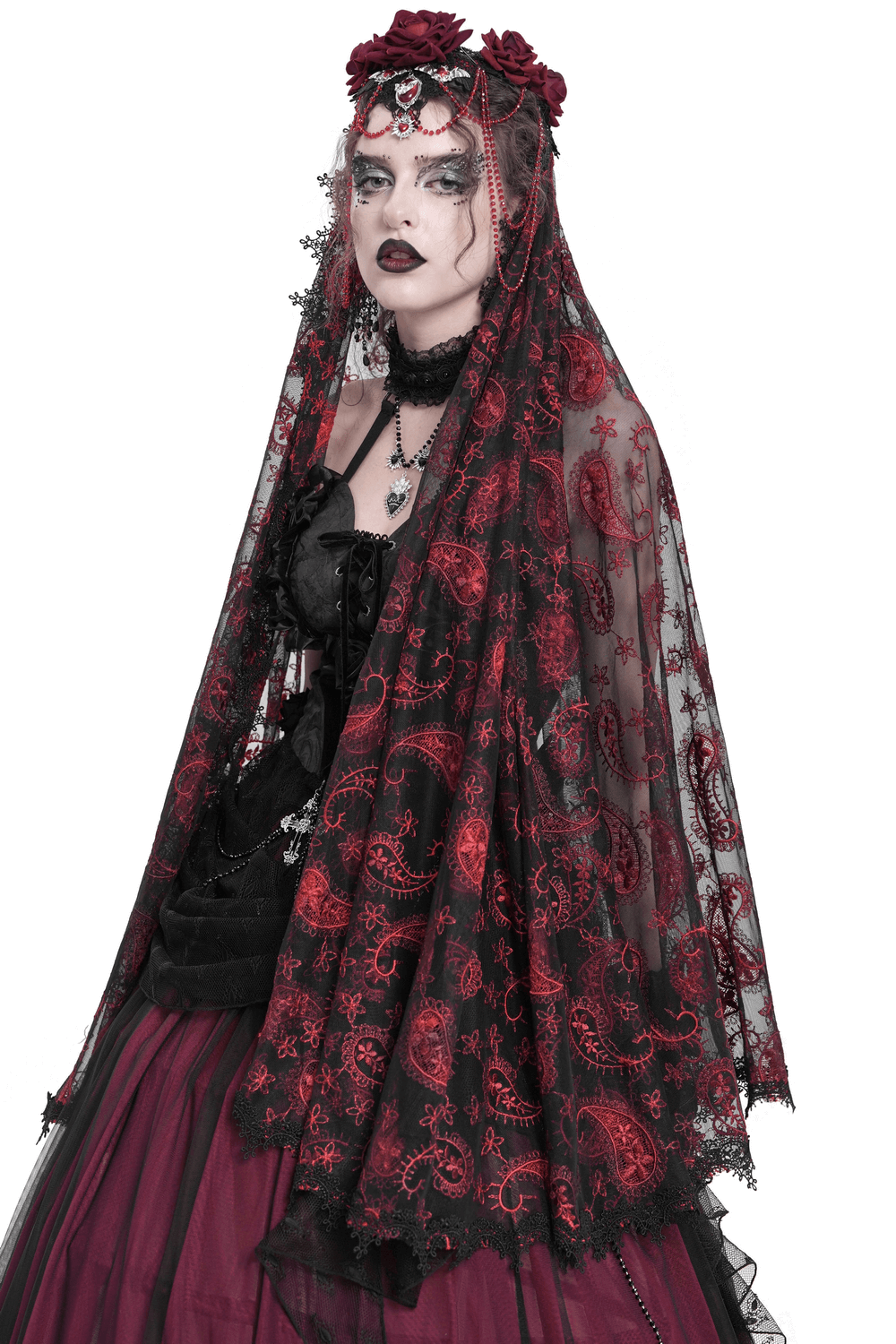 Dark Romantic Embroidered Veil with Skull Pendant and Roses