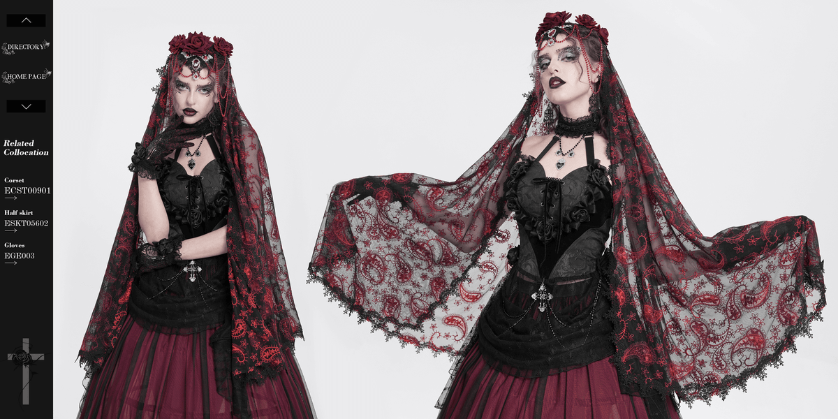 Dark Romantic Embroidered Veil with Skull Pendant and Roses