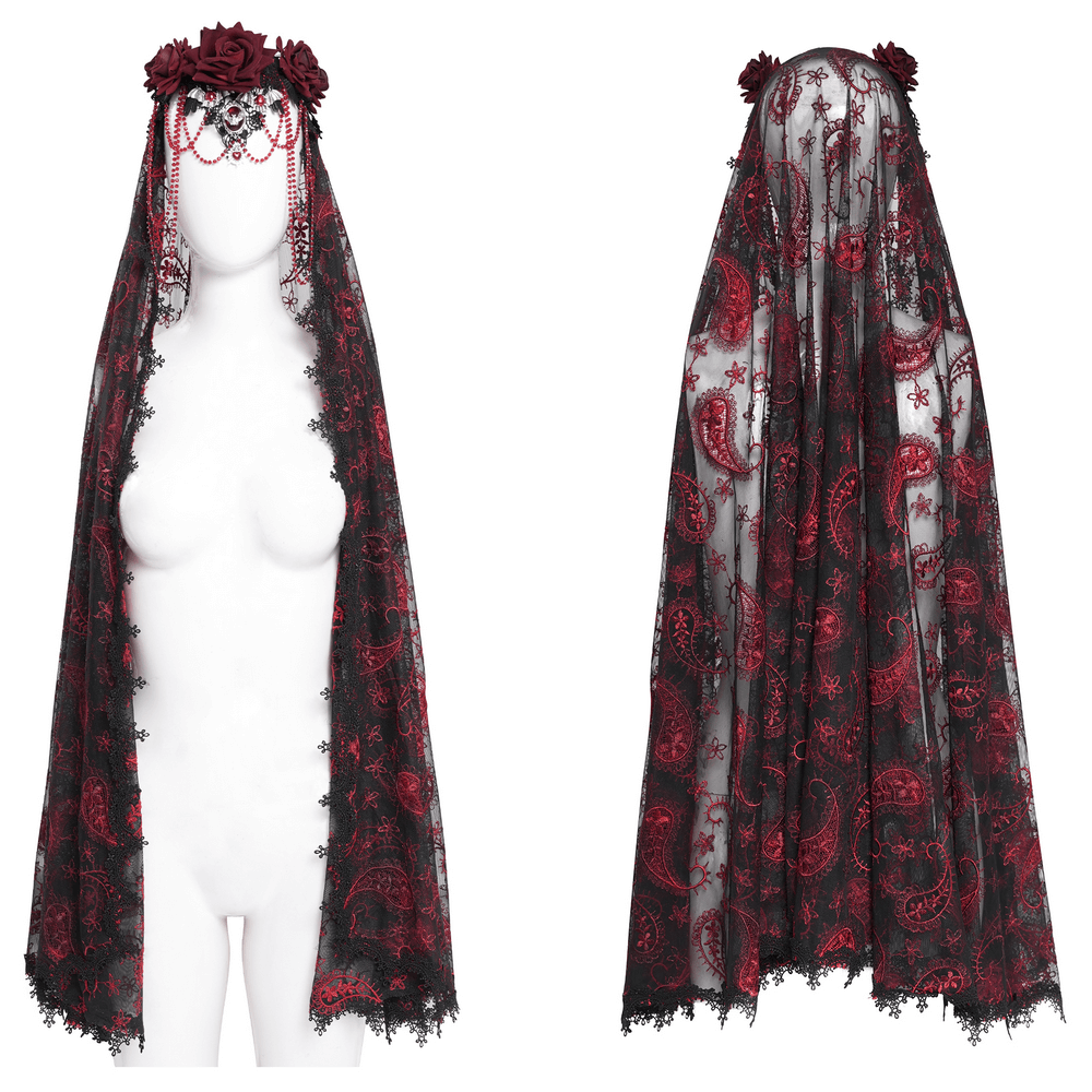 Dark Romantic Embroidered Veil with Skull Pendant and Roses
