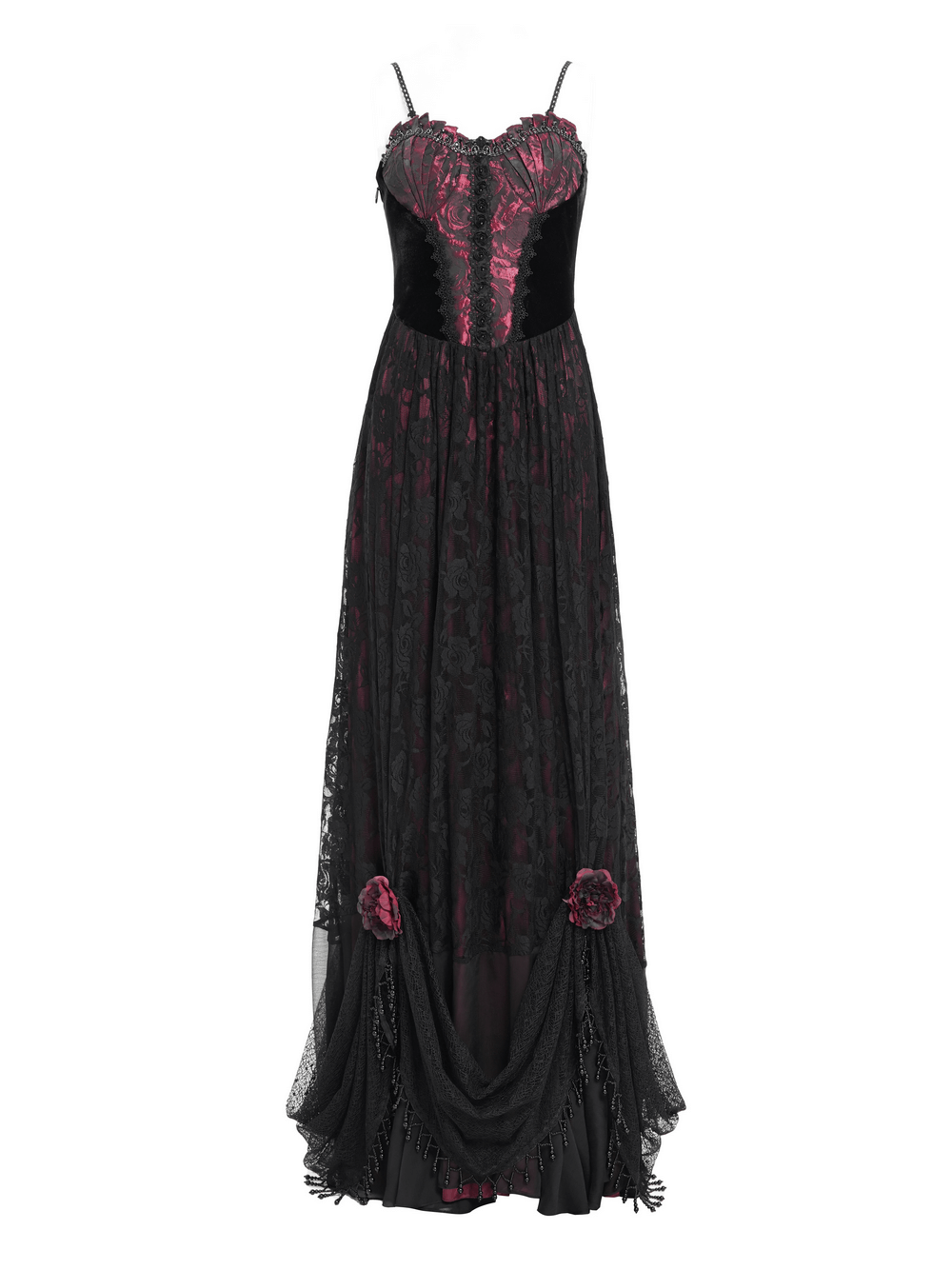 Dark Romantic Gothic Gown with Floral Lace and Corset Back
