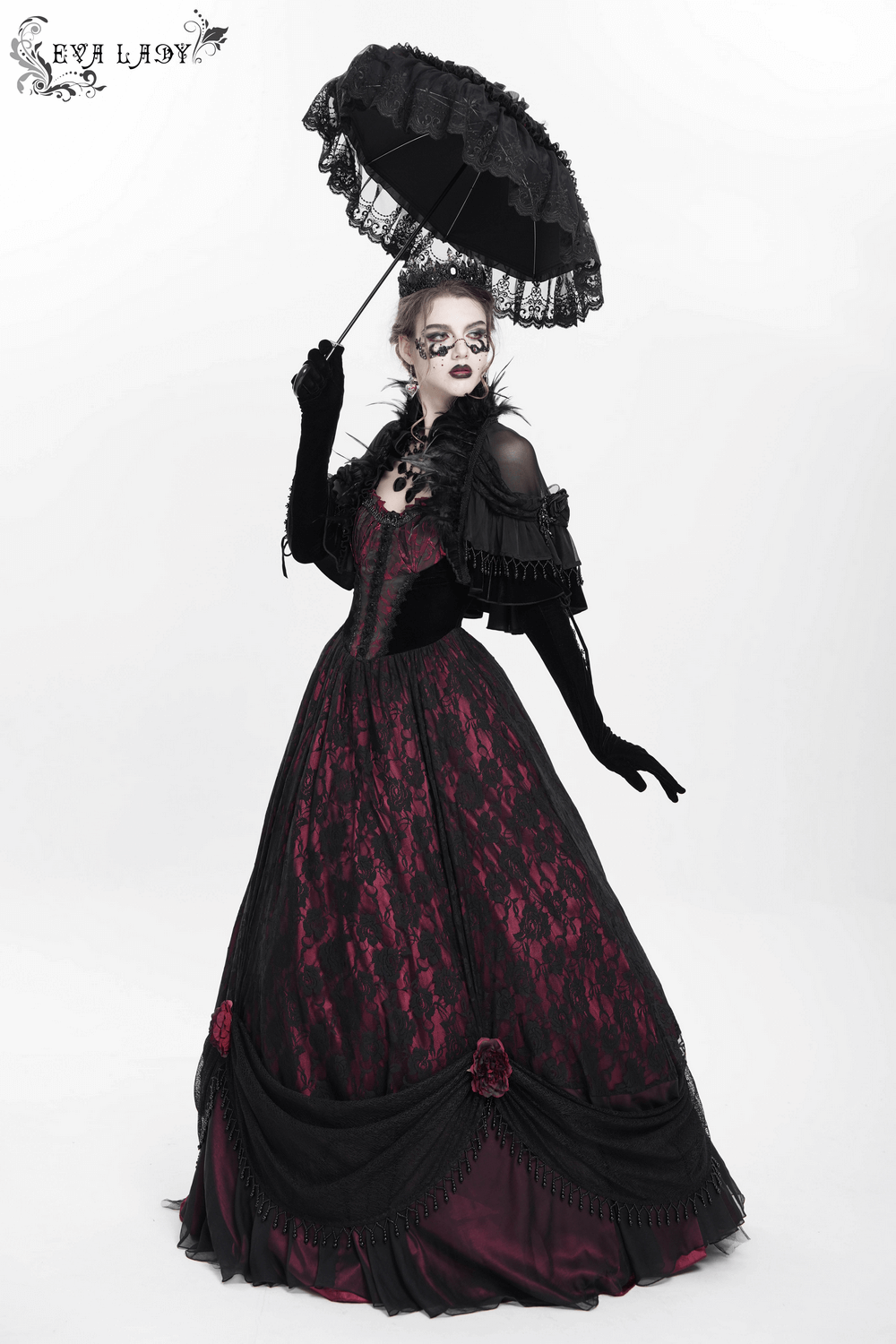 Dark Romantic Gothic Gown with Floral Lace and Corset Back