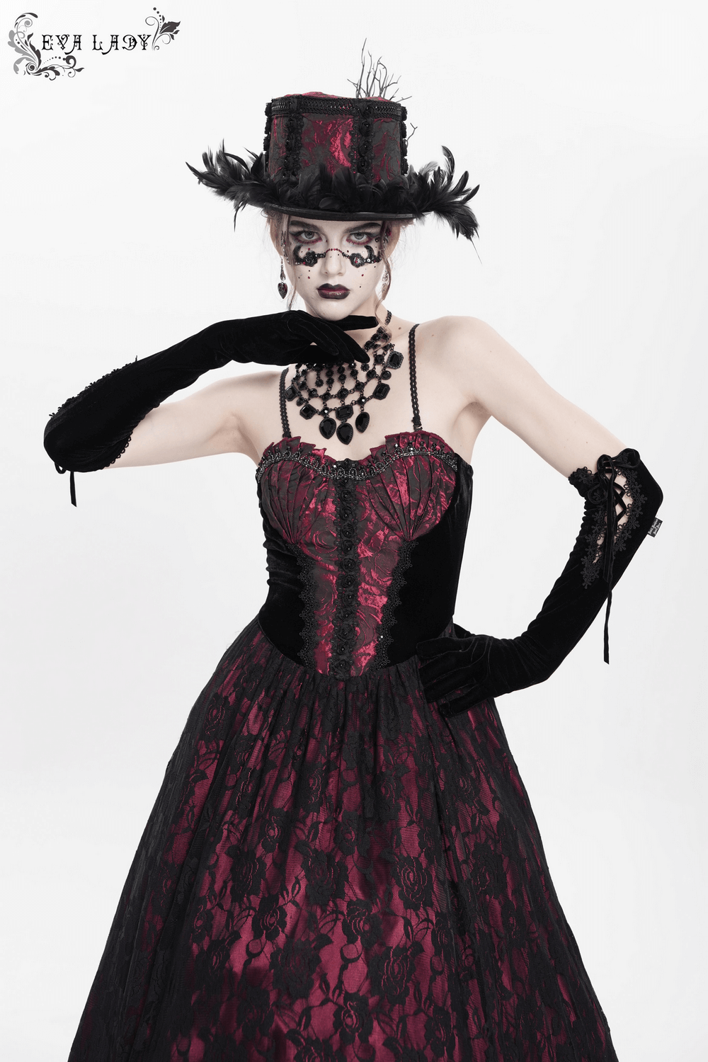 Dark Romantic Gothic Gown with Floral Lace and Corset Back