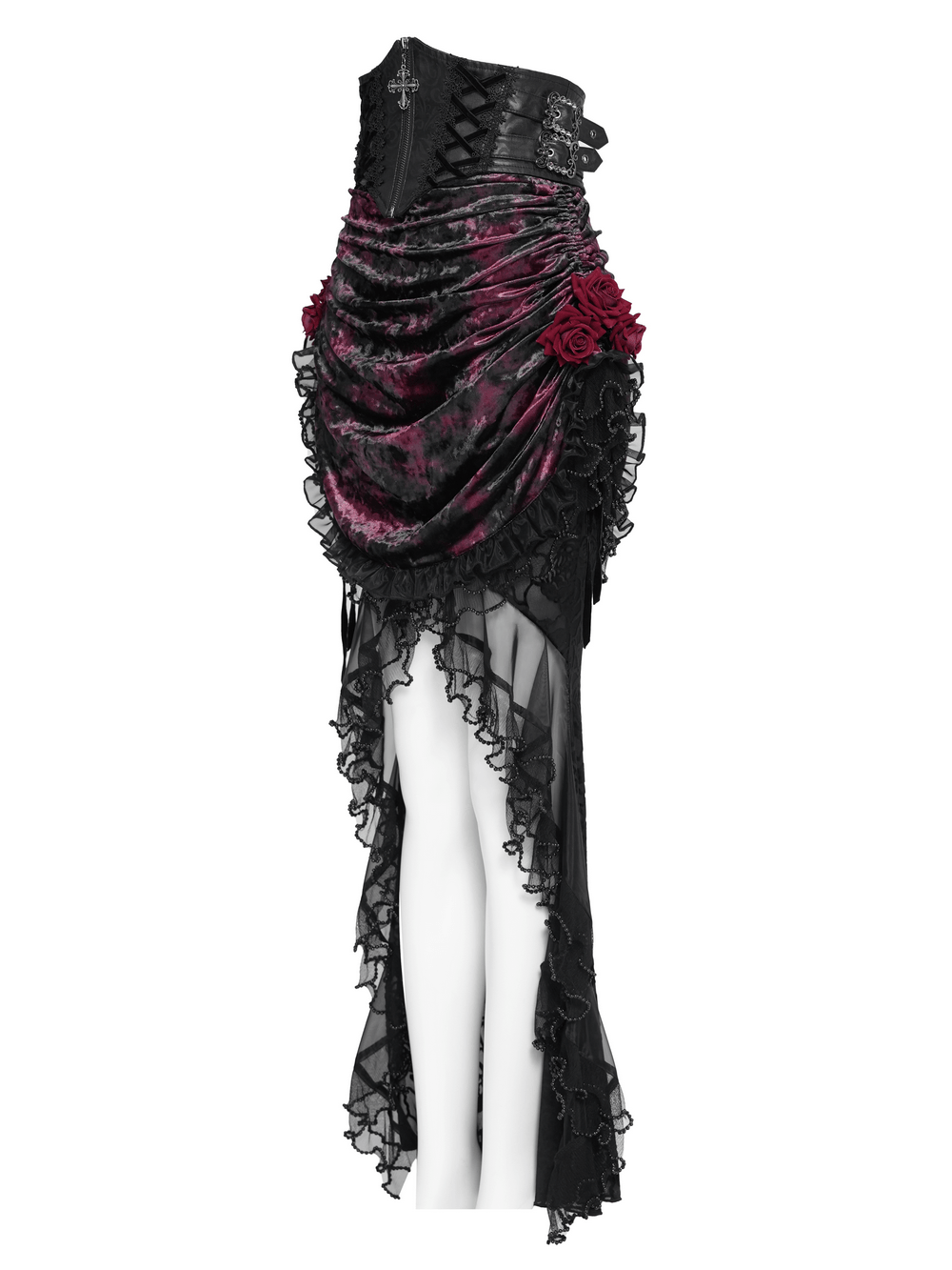 Dark Romantic Lace Maxi Skirt with Corset Waist and Ruffles