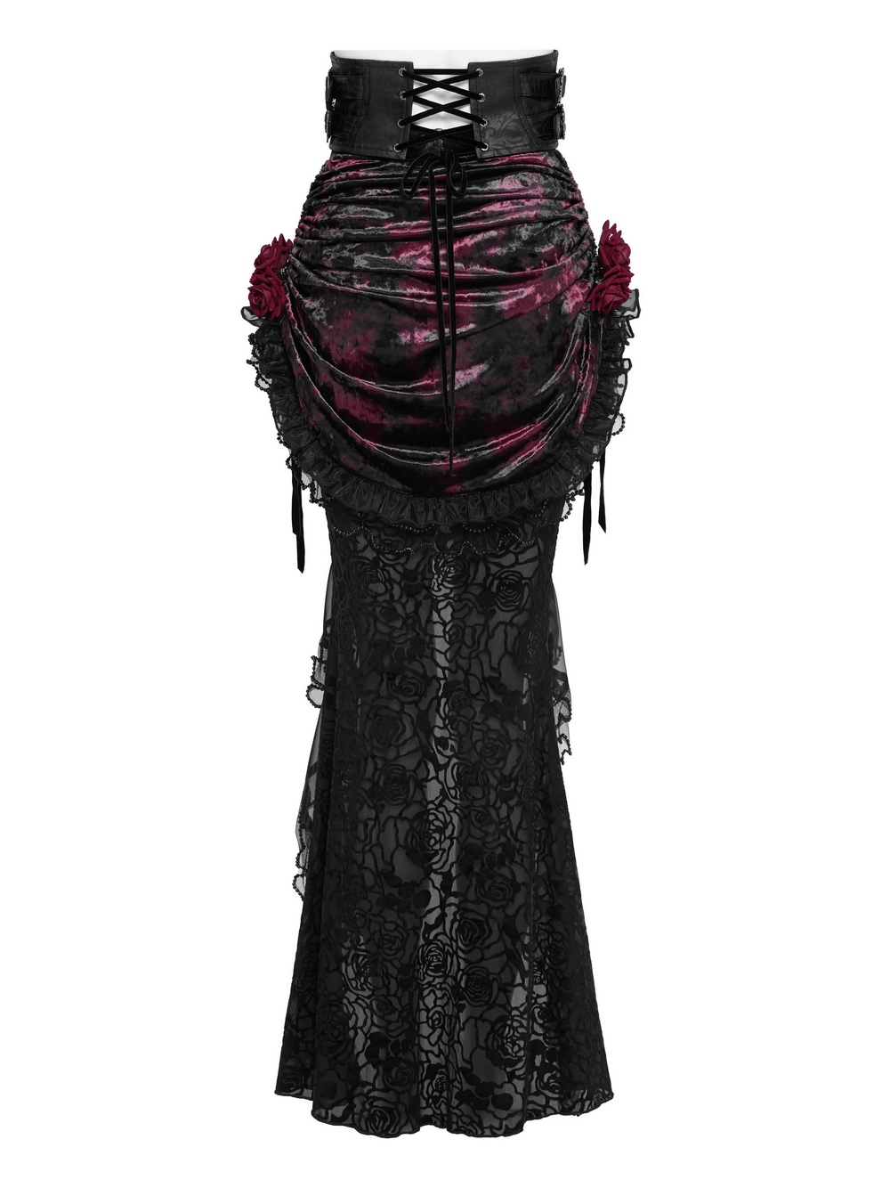 Dark Romantic Lace Maxi Skirt with Corset Waist and Ruffles