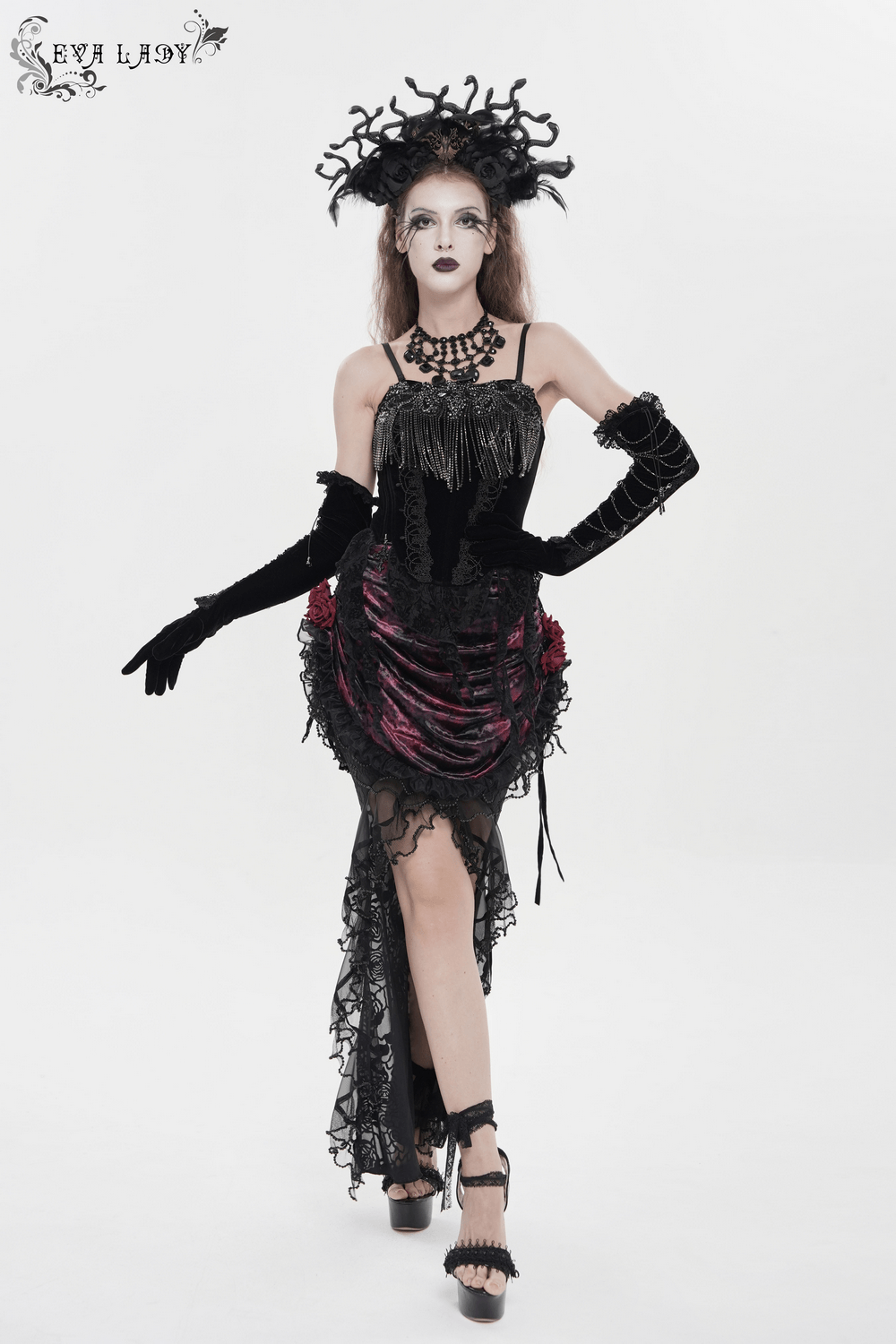 Dark Romantic Lace Maxi Skirt with Corset Waist and Ruffles