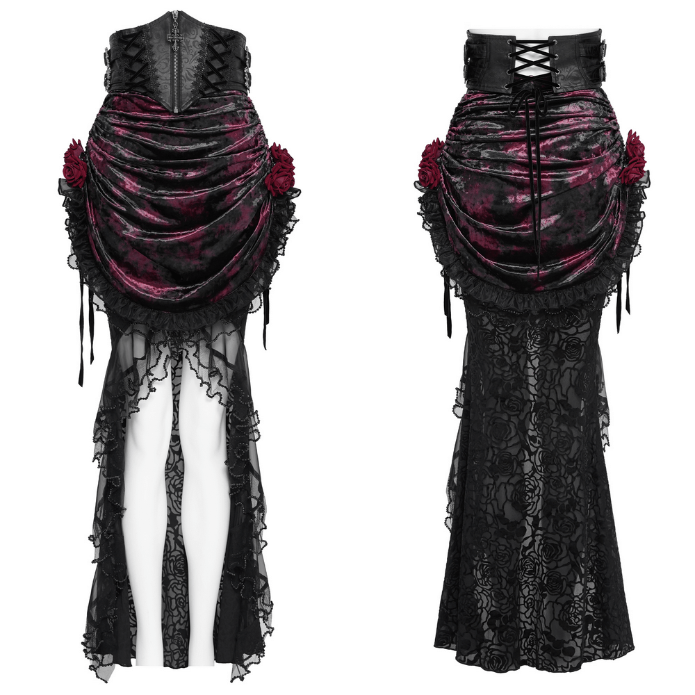 Dark Romantic Lace Maxi Skirt with Corset Waist and Ruffles