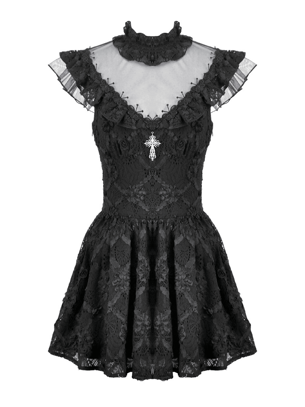 Dark Romantic Lace Mini Dress with Corset Waist and Cross