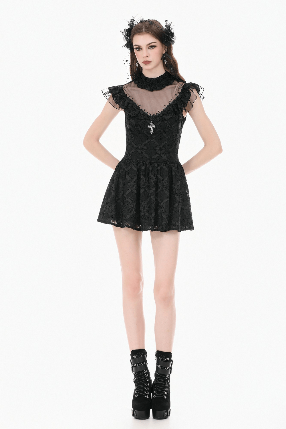Dark Romantic Lace Mini Dress with Corset Waist and Cross