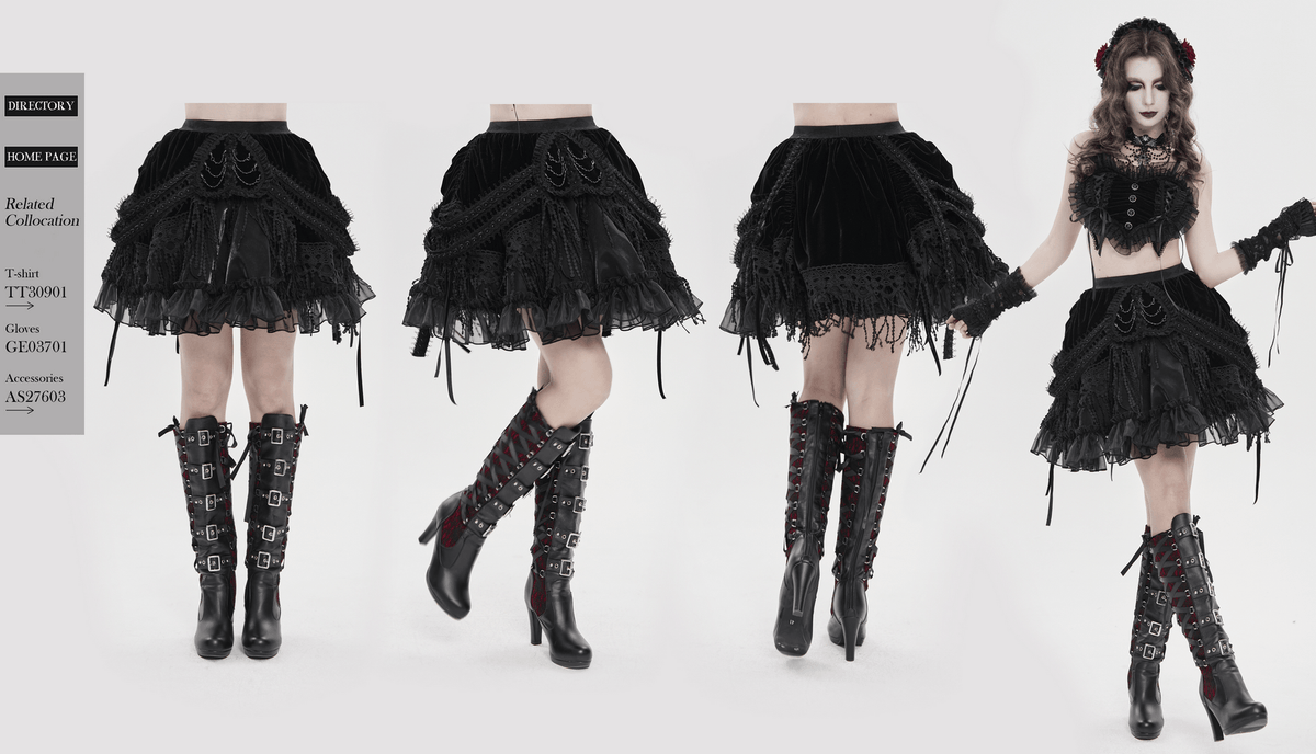Dark Romantic Layered Velvet Lace Skirt with Chains