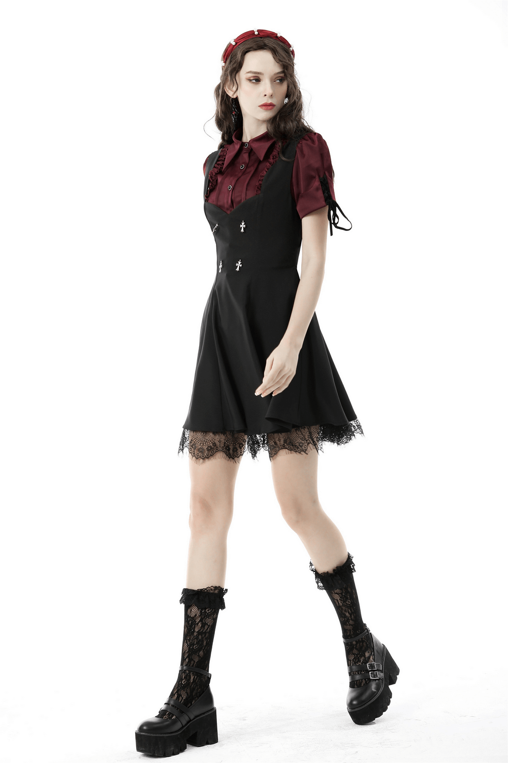 US SALE of Dark Romantic Wine Red Blouse with Puff Sleeves