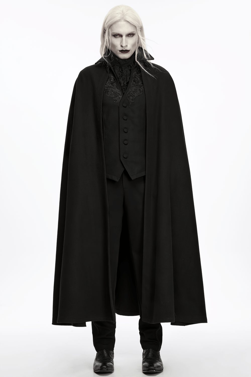 Dark Victorian Black Wool Cloak with Stand Collar
