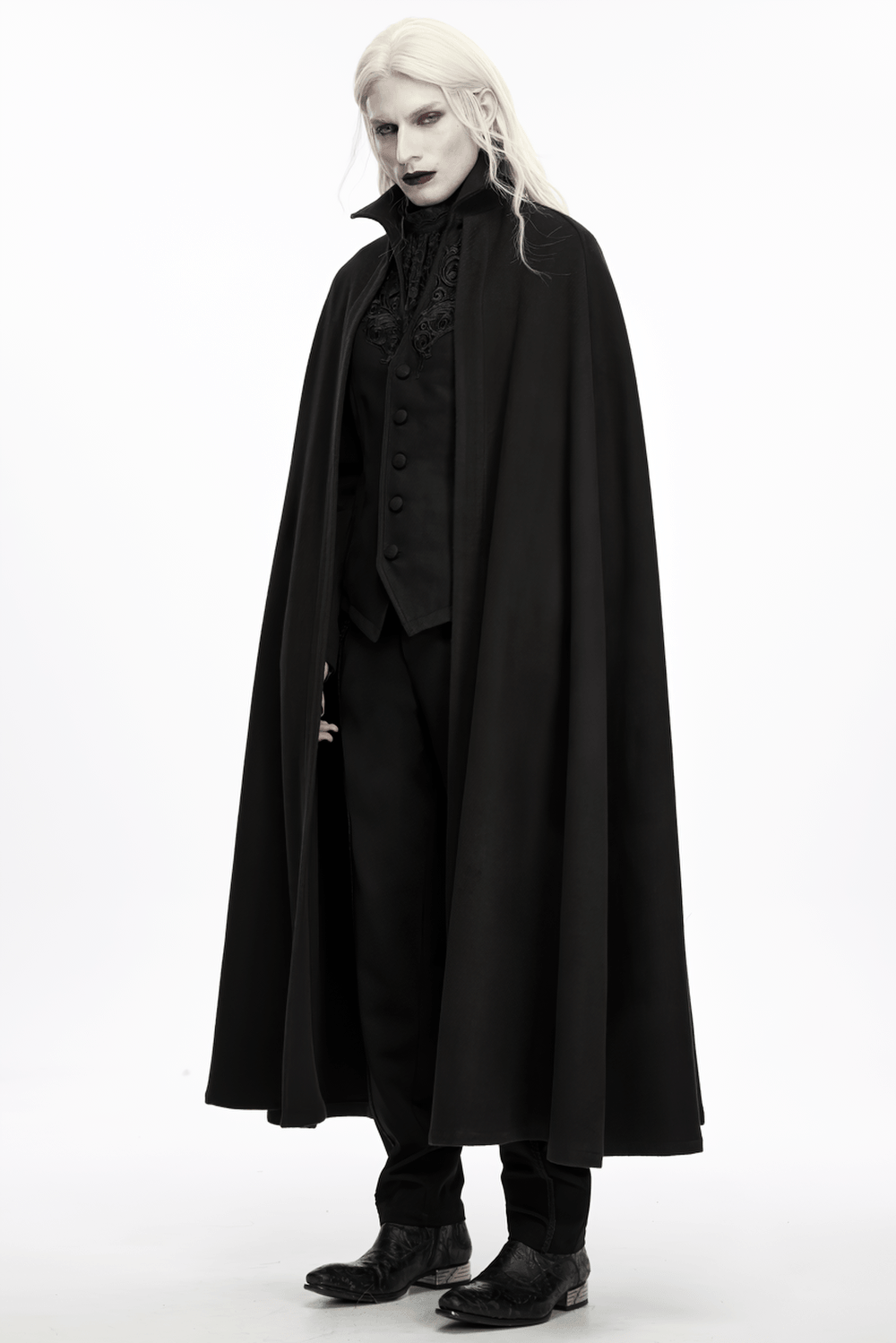 Dark Victorian Black Wool Cloak with Stand Collar