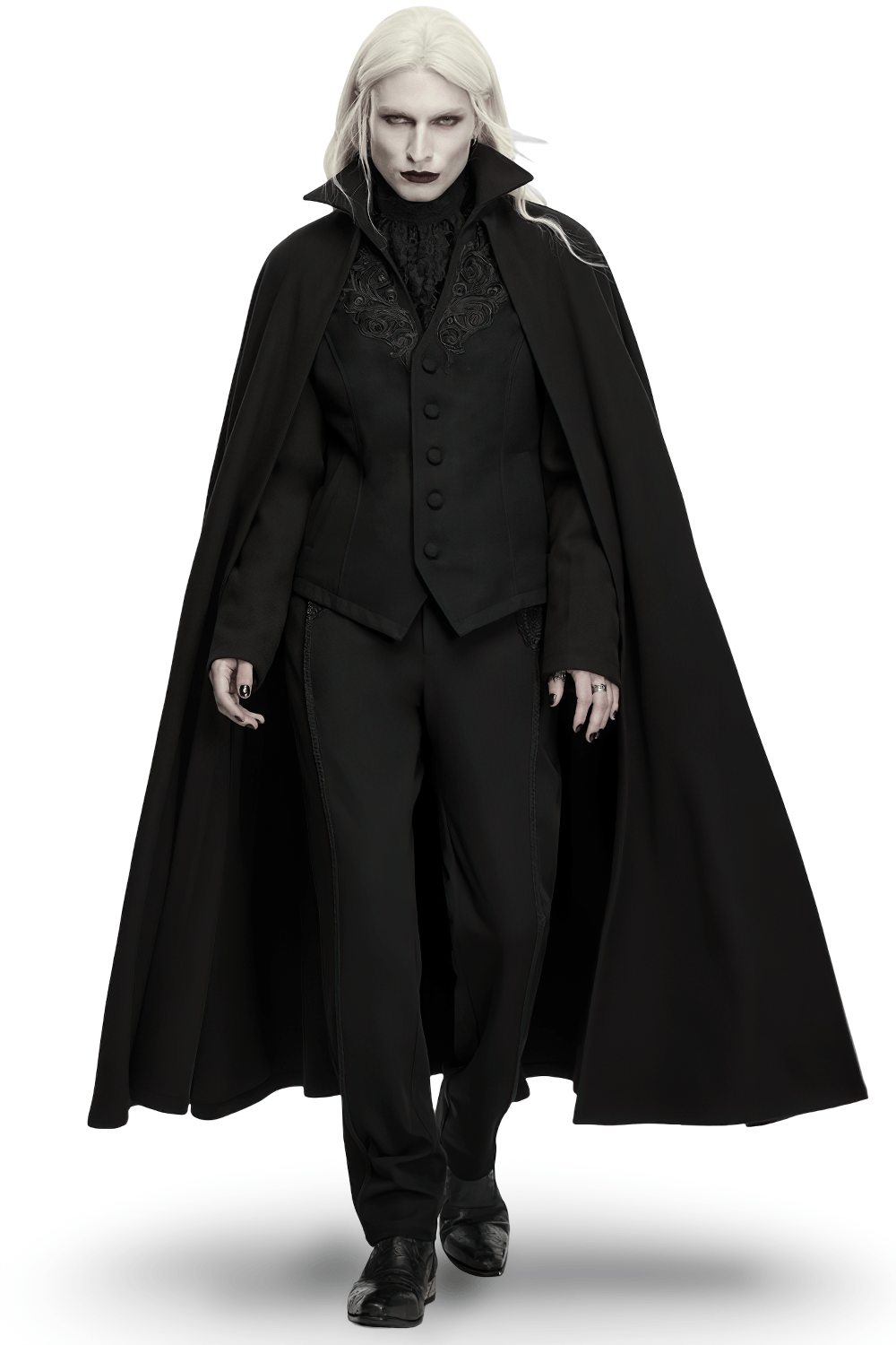 Dark Victorian Black Wool Cloak with Stand Collar