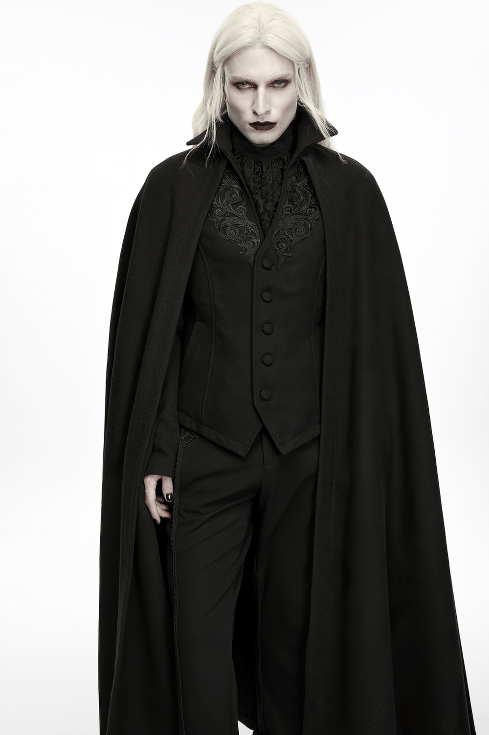 Dark Victorian Black Wool Cloak with Stand Collar