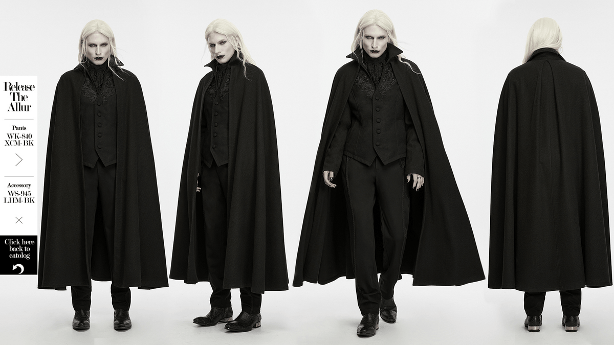 Dark Victorian Black Wool Cloak with Stand Collar