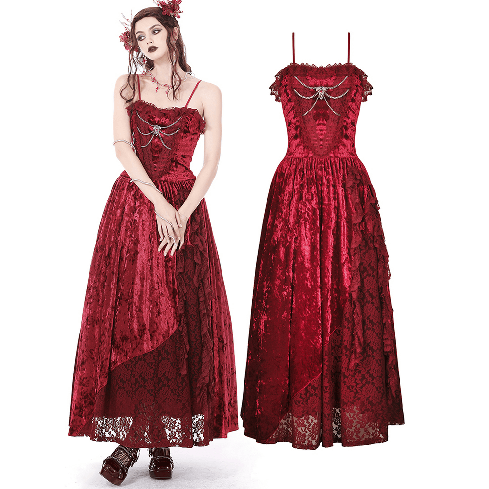 Deep Red Velvet Maxi Dress with Cross Front Detail