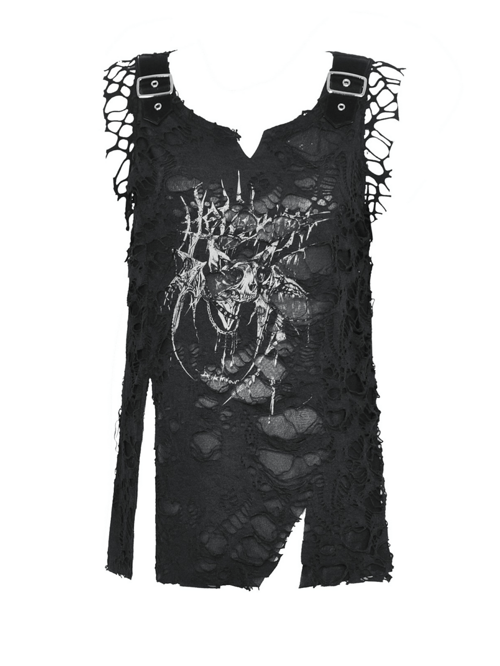 Distressed Black Punk Tank Top with Skull Print and Buckles