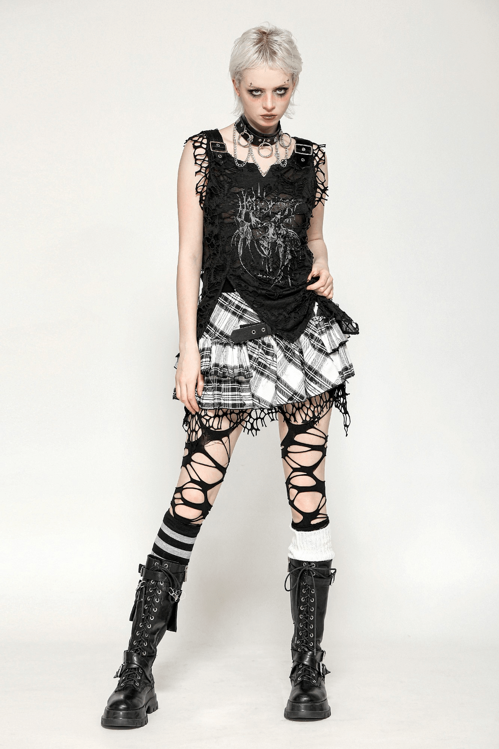Distressed Black Punk Tank Top with Skull Print and Buckles