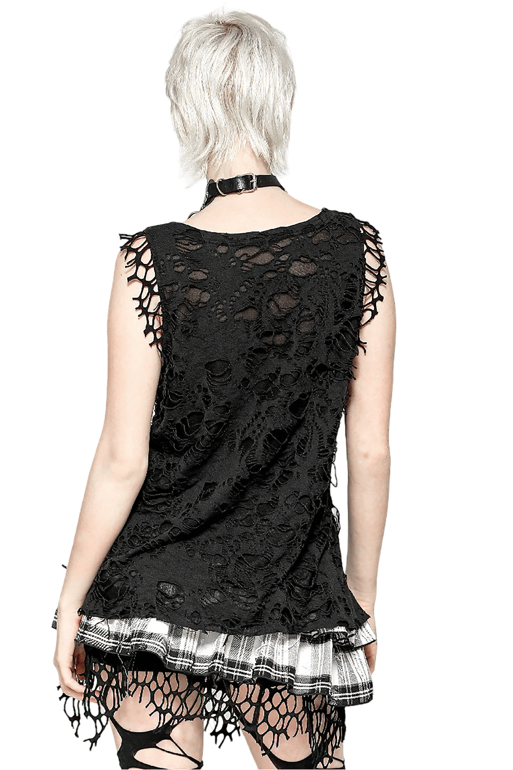 Distressed Black Punk Tank Top with Skull Print and Buckles