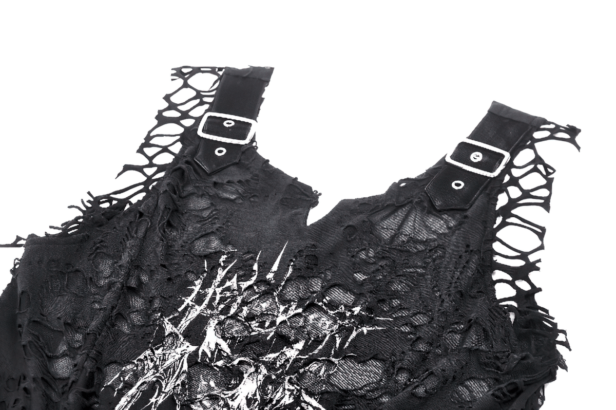 Distressed Black Punk Tank Top with Skull Print and Buckles